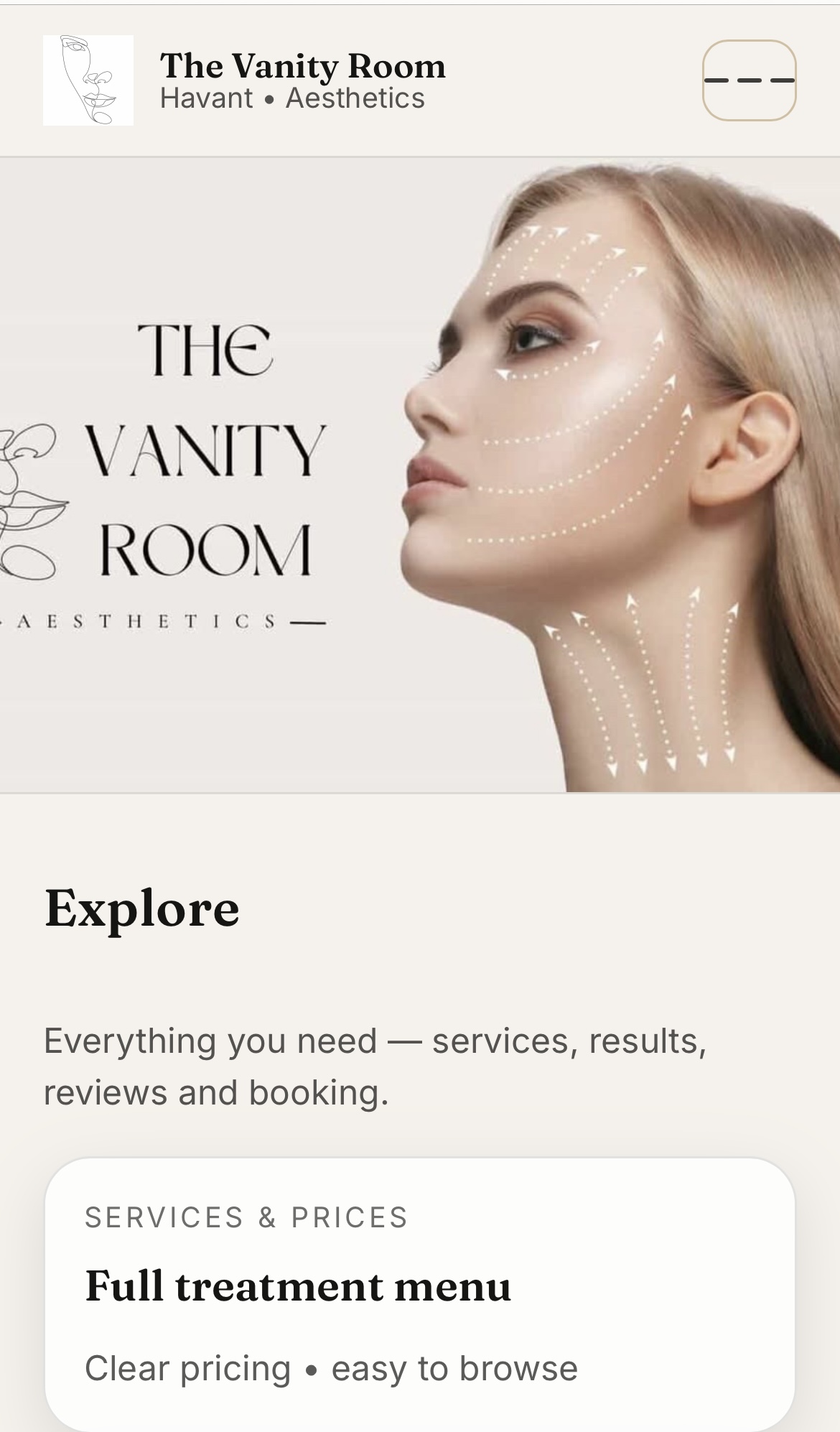 The Vanity Room website layout example